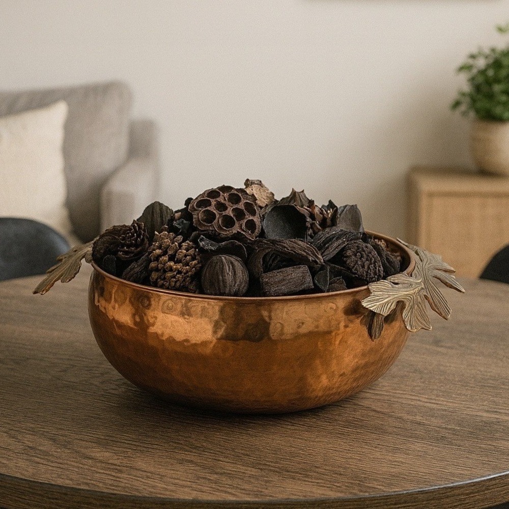Hammered‎ Copper Bowl Leaf Handles Decorative Centerpiece Table Decor